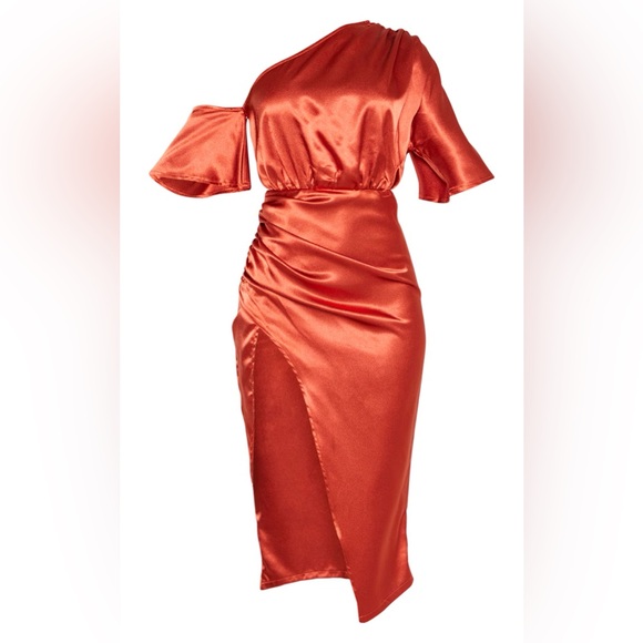 RUST SATIN ONE SHOULDER RUCHED SKIRT MIDI DRESS | PLT | Size UK 6 - Picture 4 of 5
